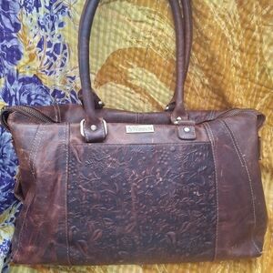 Brown Embossed Leather Satchel